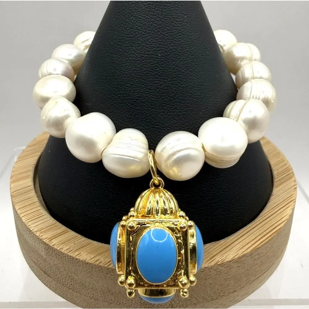 Mary Caroline Freshwater Pearl Stretch Strand Bracelet W/Lantern Charm
